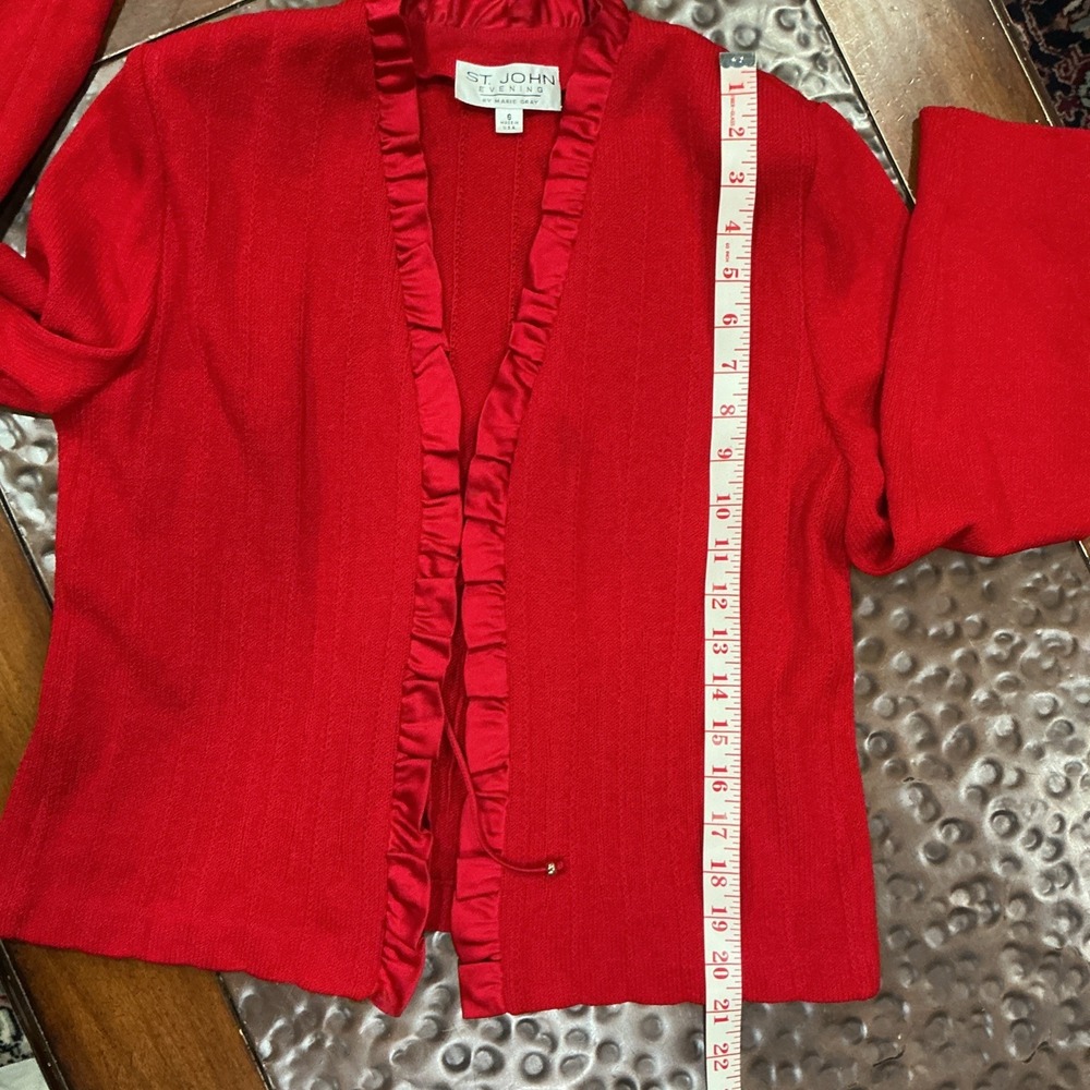 St. John Evening Knit Cardigan Set, Ruffle Trim And Tie Closure, Red, 6 - Picture 12 of 16